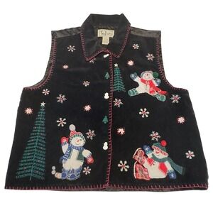 TanTrums Black Velvet Snowman Christmas Vest Women's Size M Ugly Sweater Party